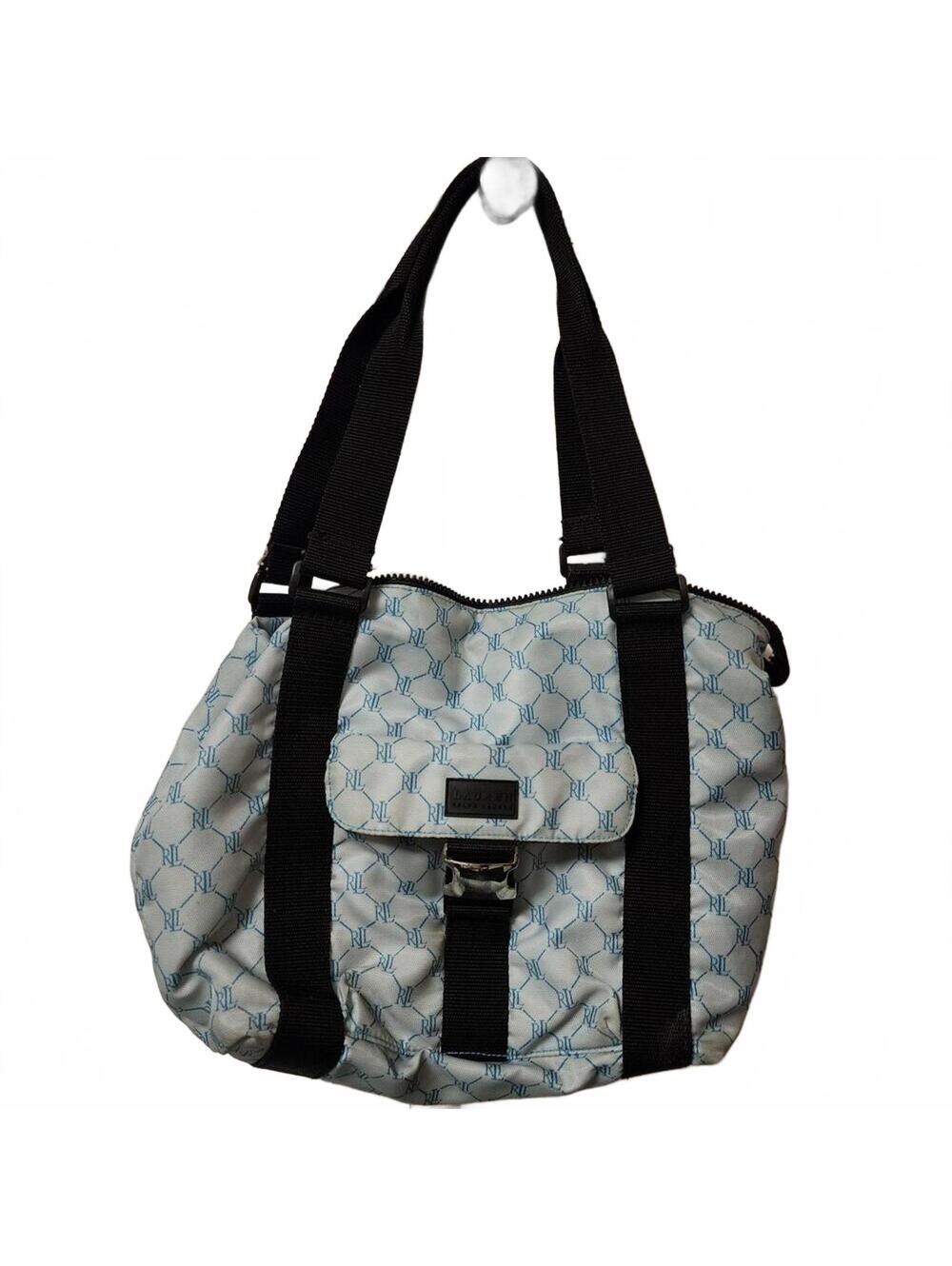 Vintage Ralph Lauren Buckle Shoulder tote Monogram Handbag Bag Blue Large Preppy